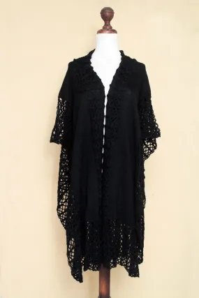 Ebony Whisper Lacy Knitted Black 100% Alpaca Long Kimono Cape from Peru