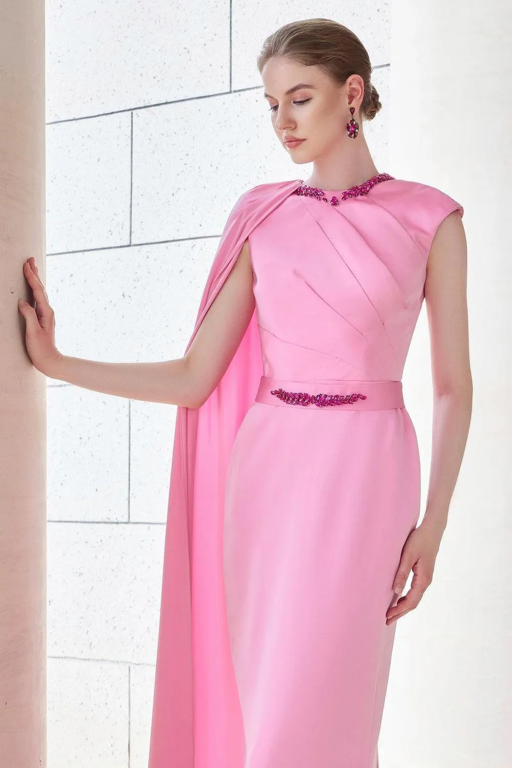 Efflores Pegged Round Neck Silk Floor Length Dress