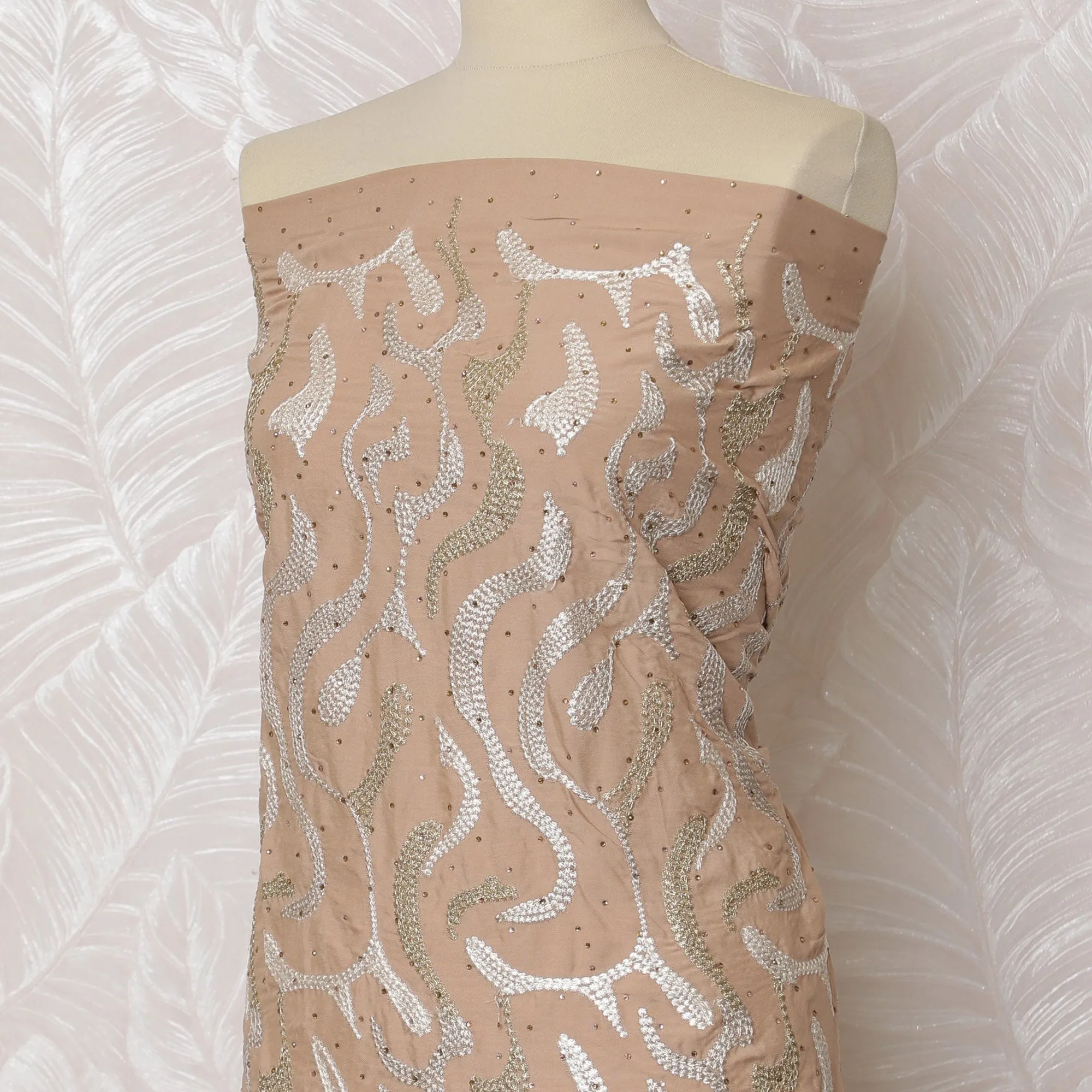 Elegant Beige Blended Cotton Fabric with White and Gold Embroidery - Last Piece of 3.0 Meters, 110 cm Width-D19772