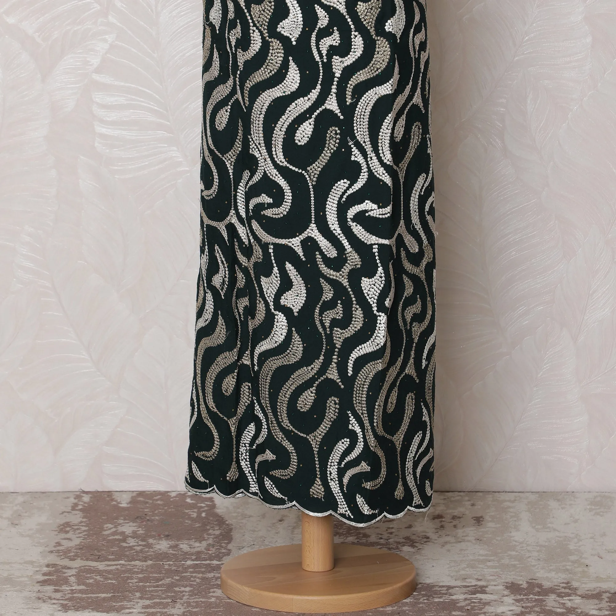 Elegant Black Blended Cotton Fabric with White and Gold Embroidery - Last Piece of 3.0 Meters, 110 cm Width-D19778