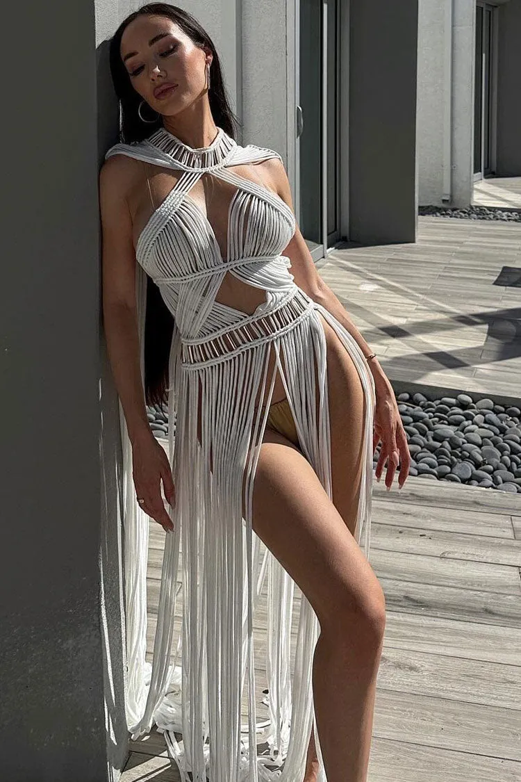 Elegant Cape Macrame Cutout Crochet Fringe Beach Vacation Maxi Dress - White