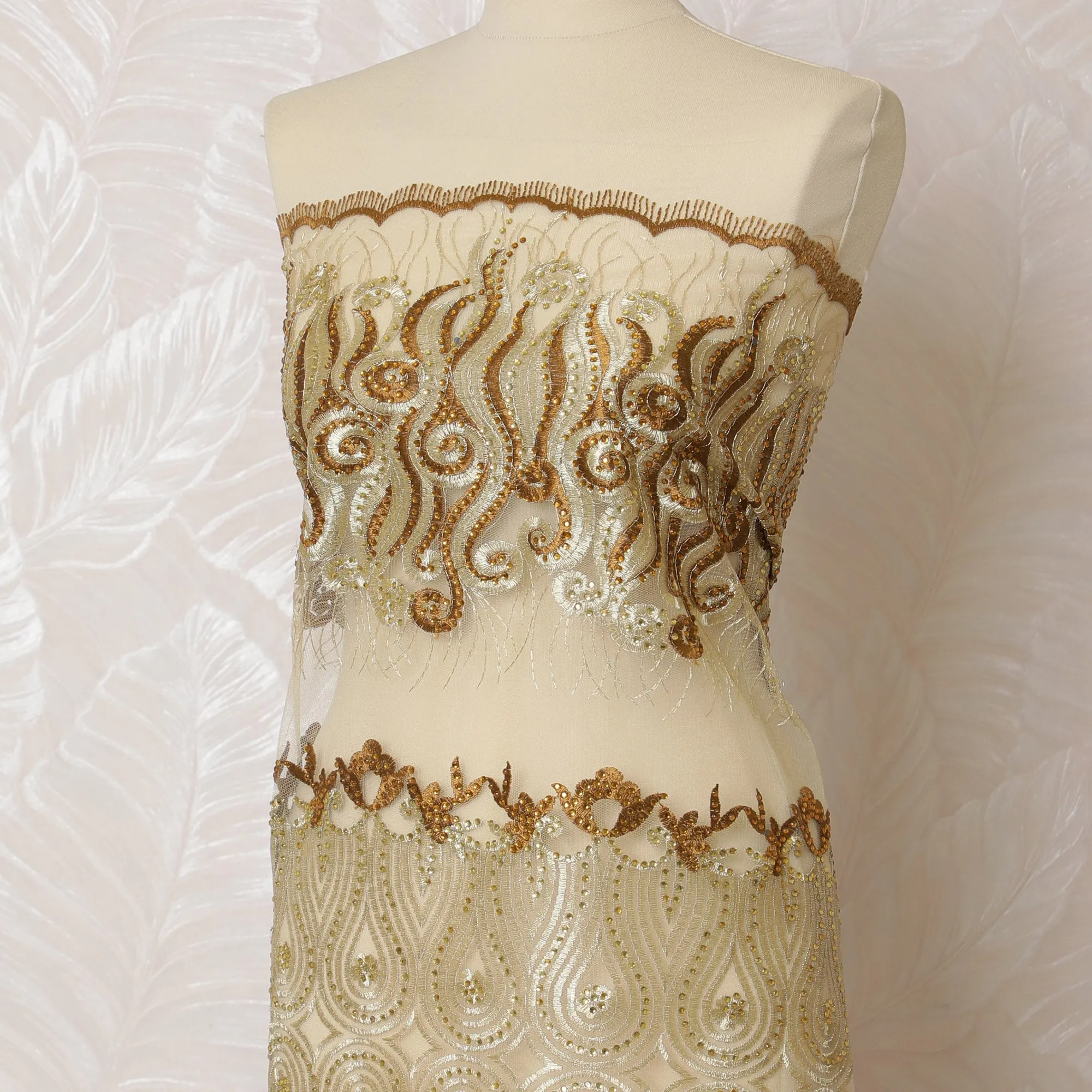 Elegant Gold and Cream Embroidered Nylon Tulle Fabric, 140 cm Wide â€“ Luxurious Swirl and Scroll Design-D19253