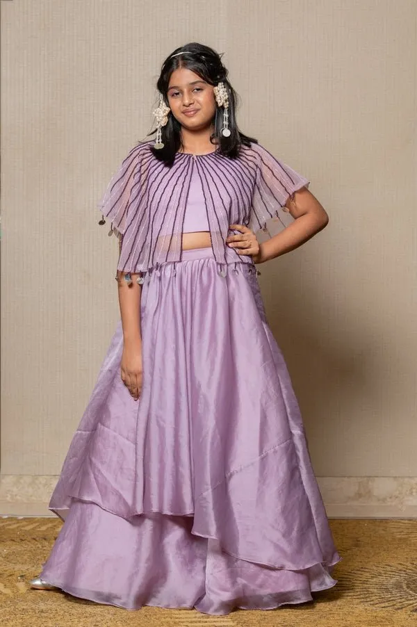 Elegant Lavender ensemble with a beaded cape and layered skirt, perfect for a graceful and sophisticated look at any special occasion.