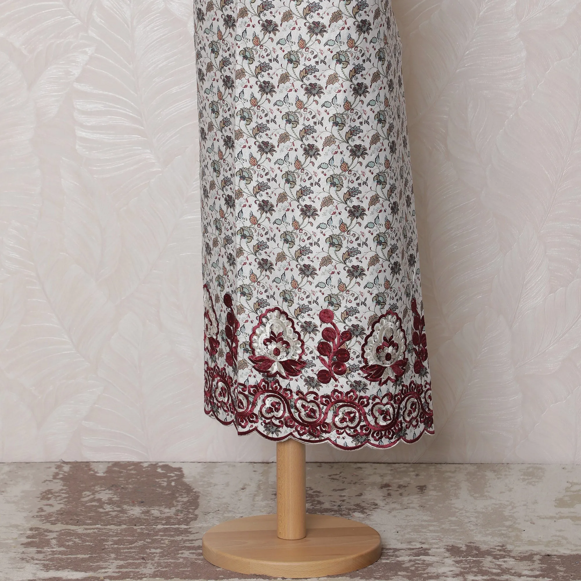 Elegant White Blended Cotton Fabric with Maroon Floral Embroidery - Last Piece of 3.0 Meters, 110 cm Width-D19781