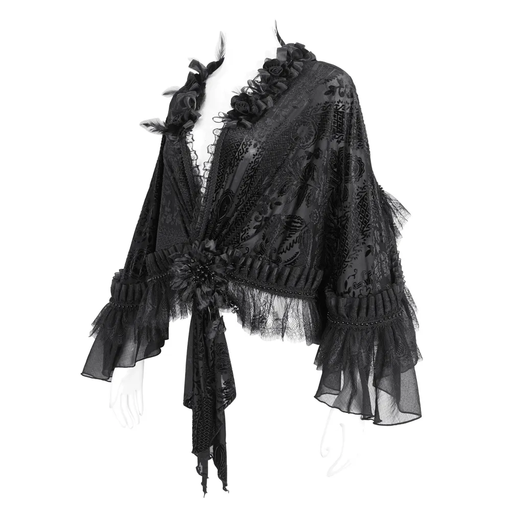 Elegant Women's Black Lace Cape with Gothic Flowers