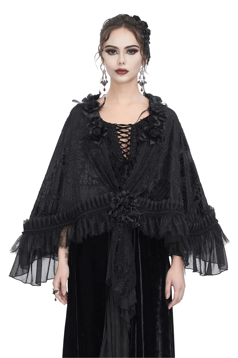 Elegant Women's Black Lace Cape with Gothic Flowers