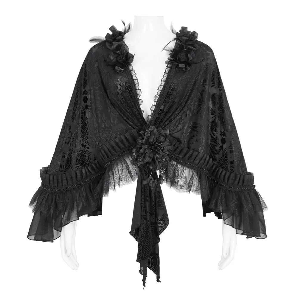 Elegant Women's Black Lace Cape with Gothic Flowers