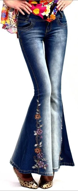 Embroidered Faded Bell-Bottom Jeans