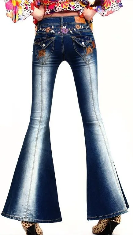 Embroidered Faded Bell-Bottom Jeans