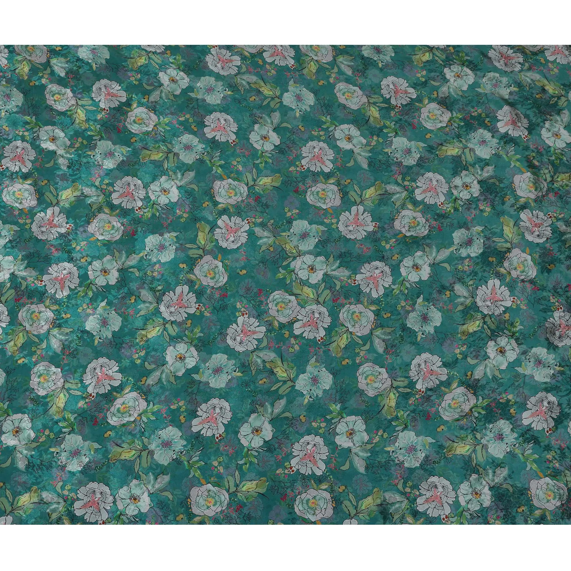 Emerald Green Indian Viscose Modal Satin Fabric, Floral Print, 110 cm Width-D20938