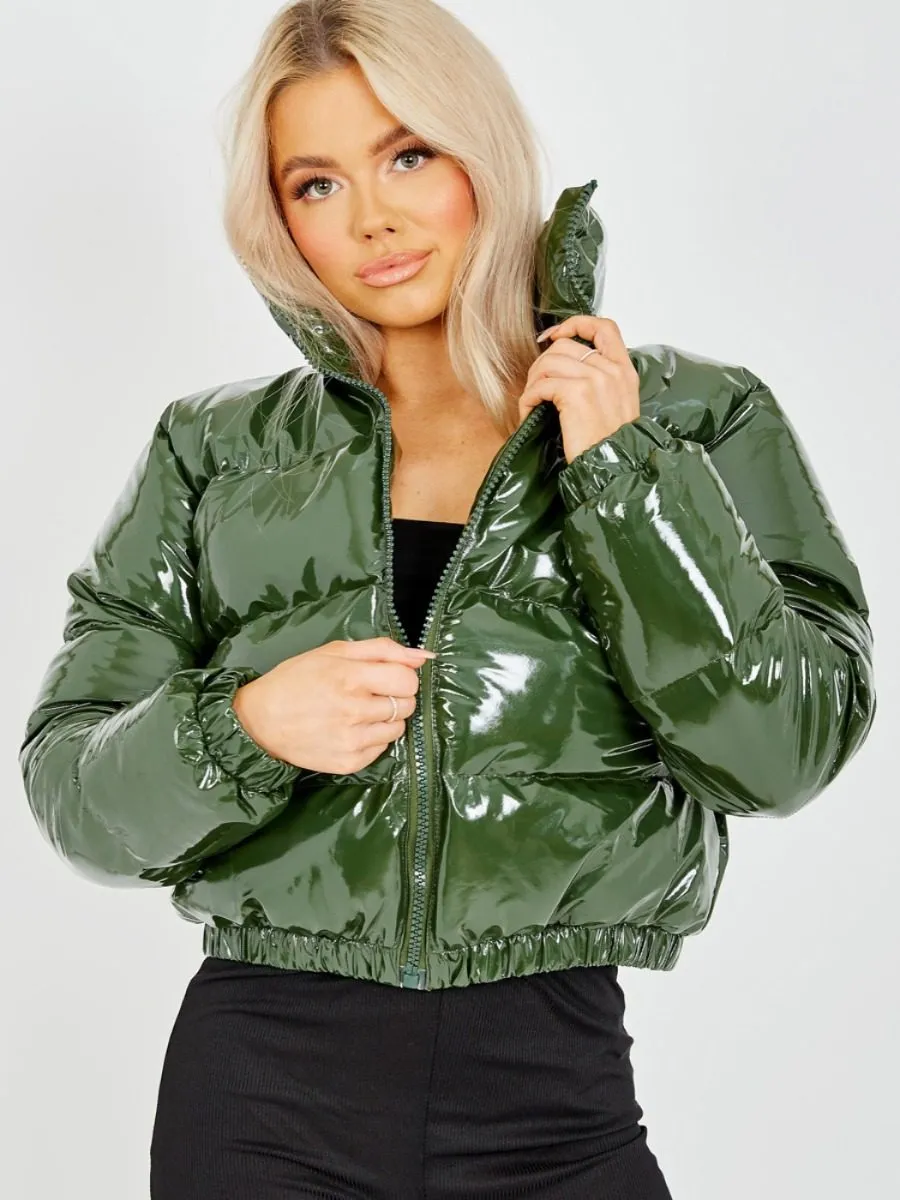 Emilia PVC Leather Cropped Puffer Jacket In Khaki