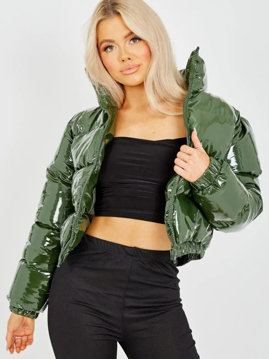 Emilia PVC Leather Cropped Puffer Jacket In Khaki