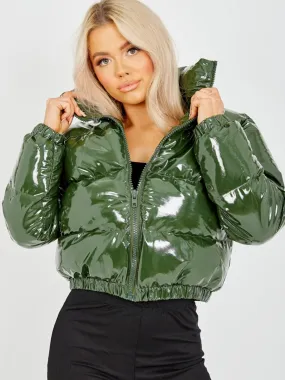 Emilia PVC Leather Cropped Puffer Jacket In Khaki