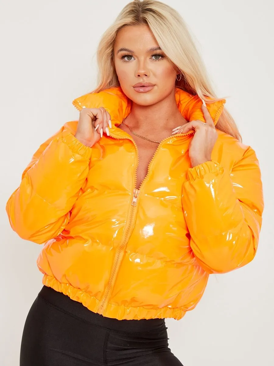 Emilia PVC Leather Cropped Puffer Jacket In Orange