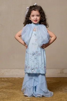 Enchanting pastel blue gown with floral embroidery and a cascading ruffle pants, perfect for making magical memories.