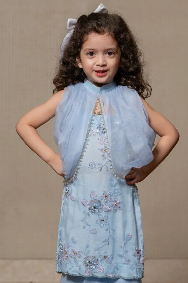 Enchanting pastel blue gown with floral embroidery and a cascading ruffle pants, perfect for making magical memories.