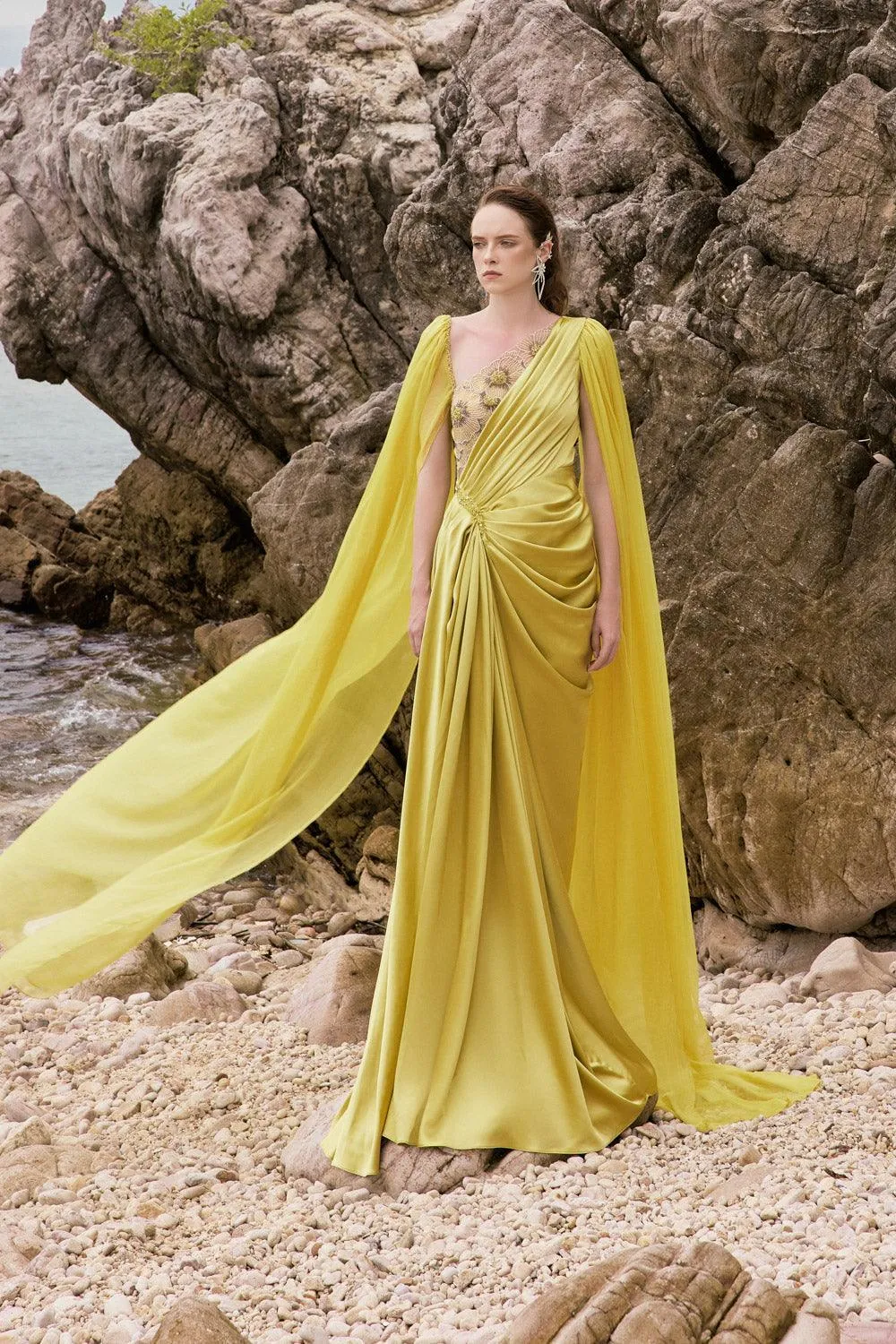 Estella Sarong Cape Sleeved Silk Satin Floor Length Dress