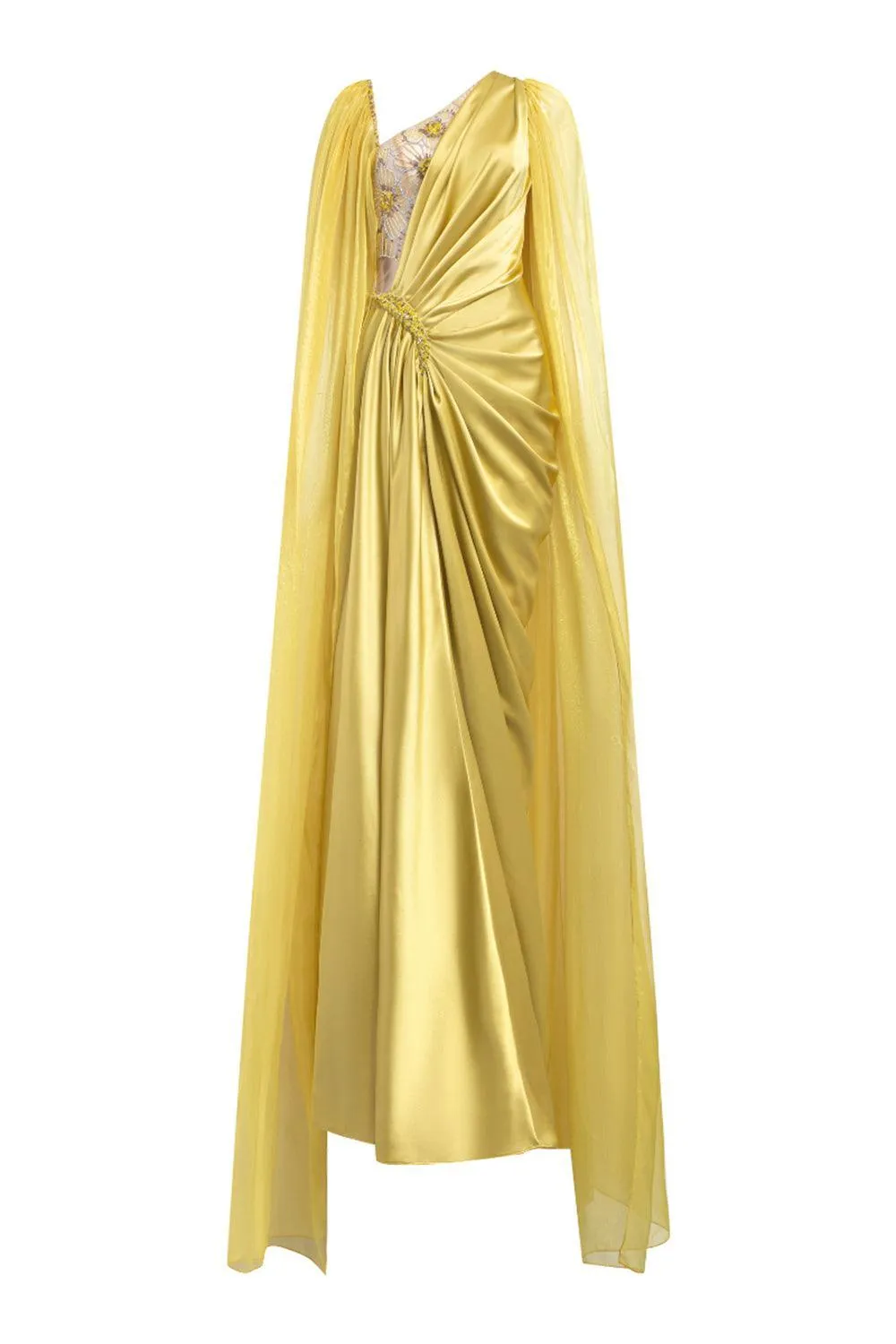 Estella Sarong Cape Sleeved Silk Satin Floor Length Dress