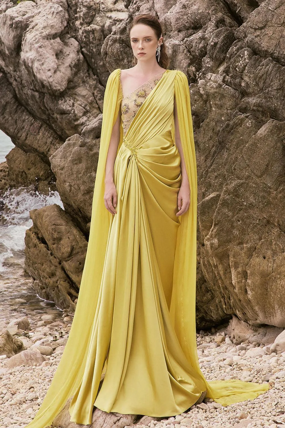 Estella Sarong Cape Sleeved Silk Satin Floor Length Dress