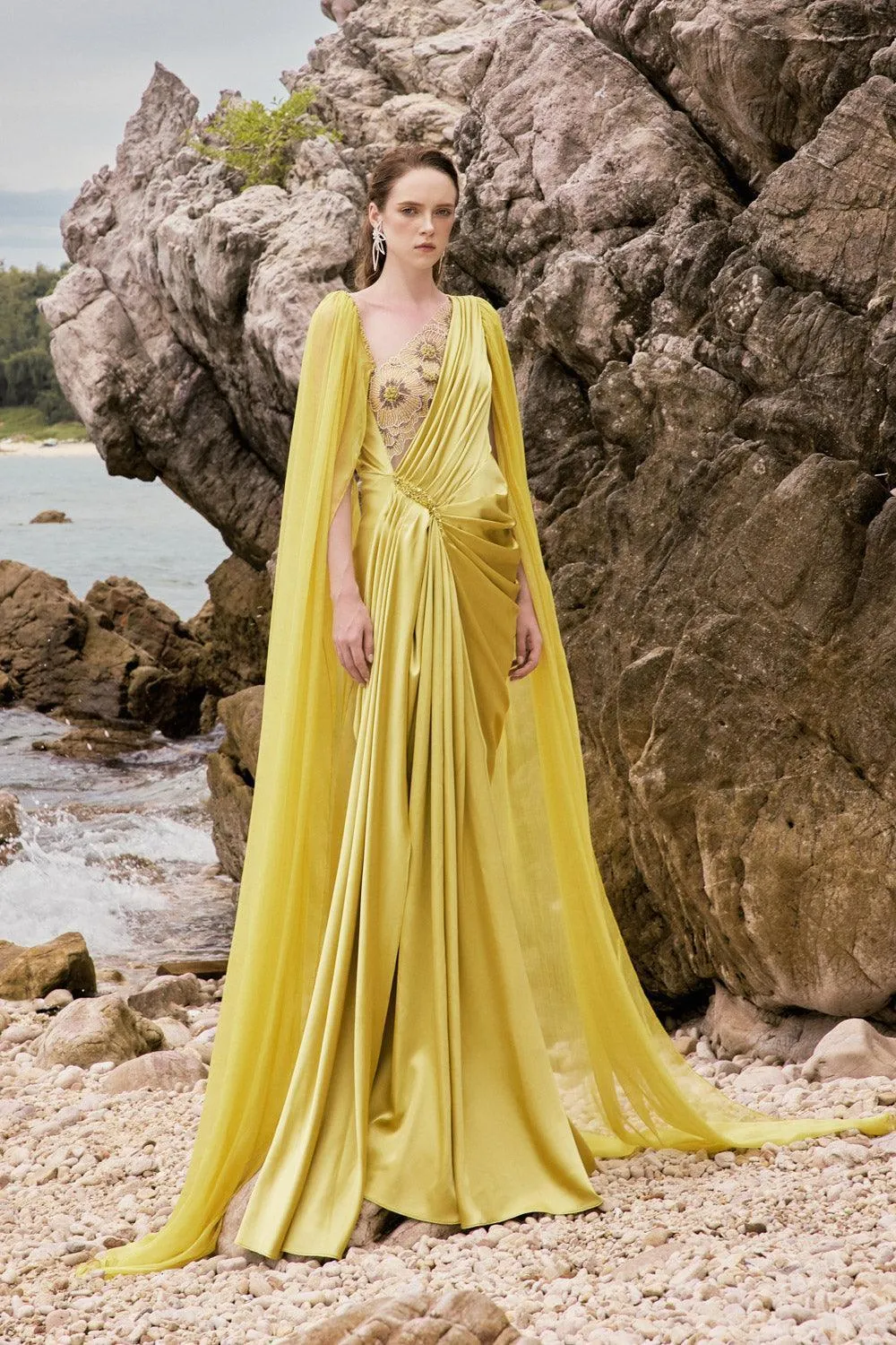 Estella Sarong Cape Sleeved Silk Satin Floor Length Dress