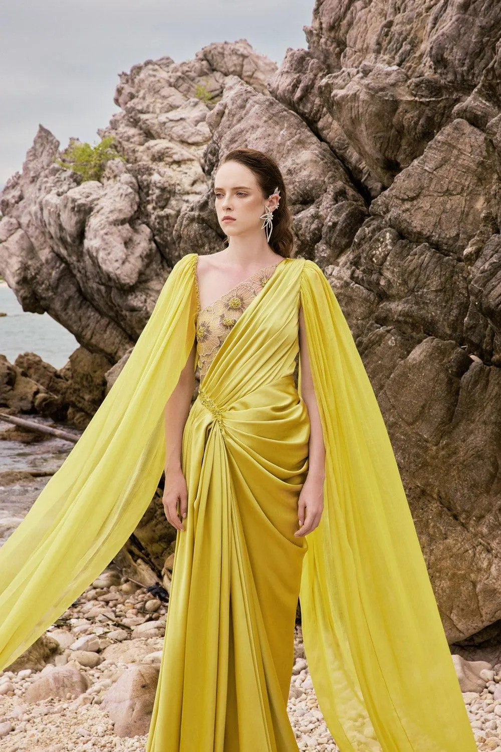 Estella Sarong Cape Sleeved Silk Satin Floor Length Dress