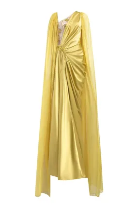 Estella Sarong Cape Sleeved Silk Satin Floor Length Dress