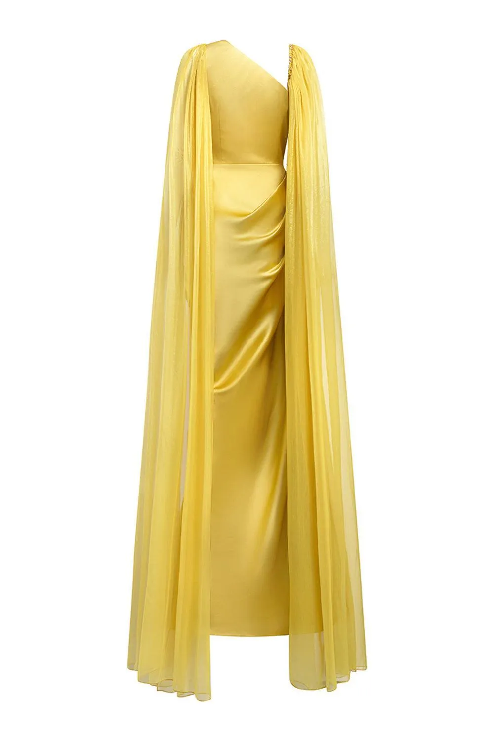 Estella Sarong Cape Sleeved Silk Satin Floor Length Dress