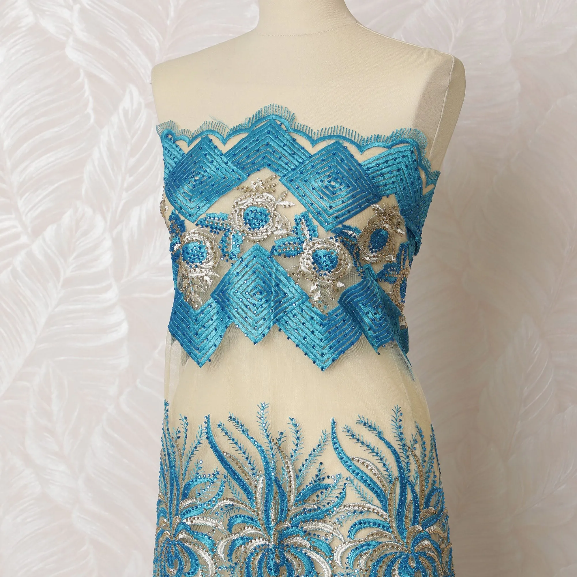 Exquisite Turquoise and Silver Embroidered Nylon Tulle Fabric, 140 cm Wide â€“ Elegant Floral and Geometric Design-D19246