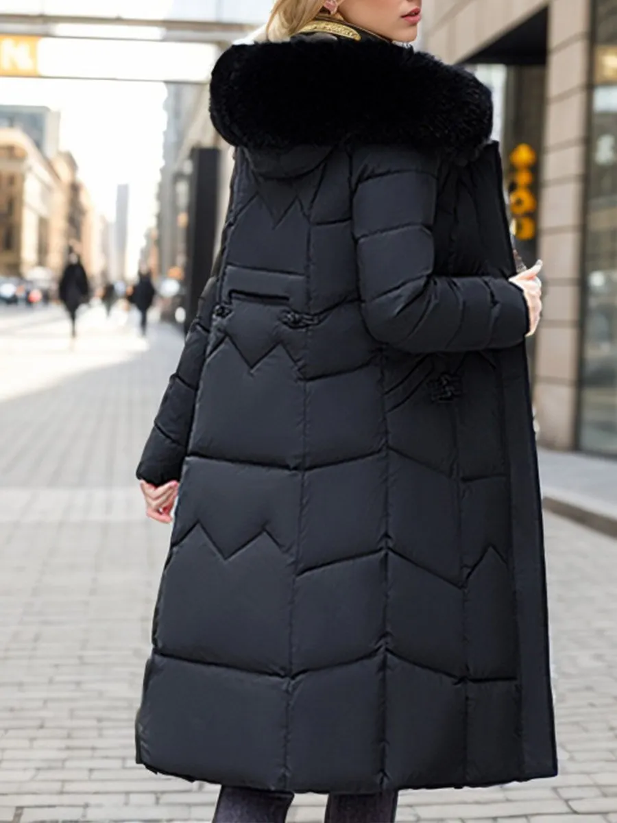 Fashionable Waist Thickened Fur Collar Long Cotton Coat