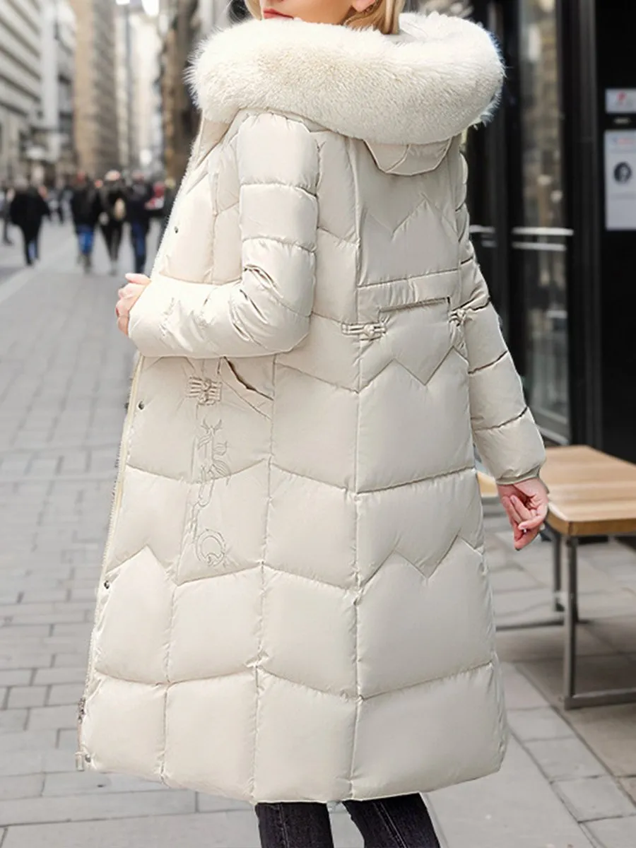 Fashionable Waist Thickened Fur Collar Long Cotton Coat