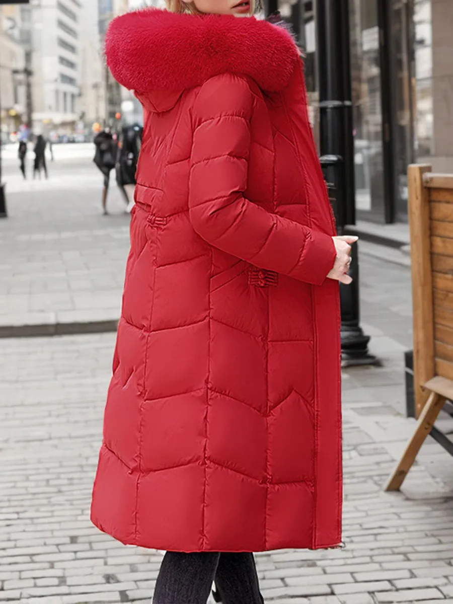 Fashionable Waist Thickened Fur Collar Long Cotton Coat