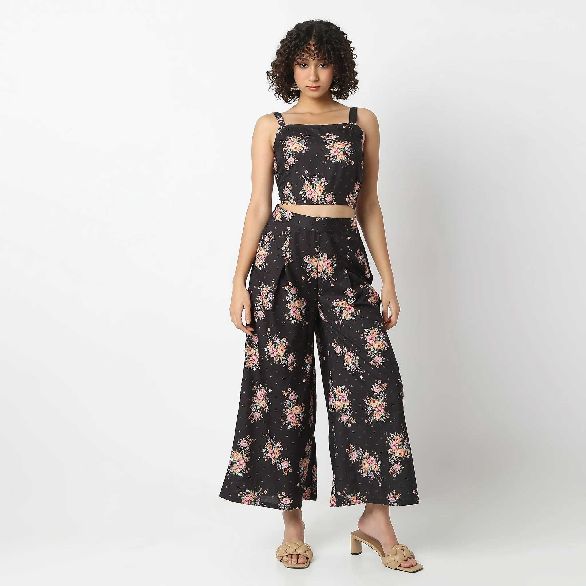 Flare Fit Printed Square Neck Crop Top and Palazzo with Cape Set