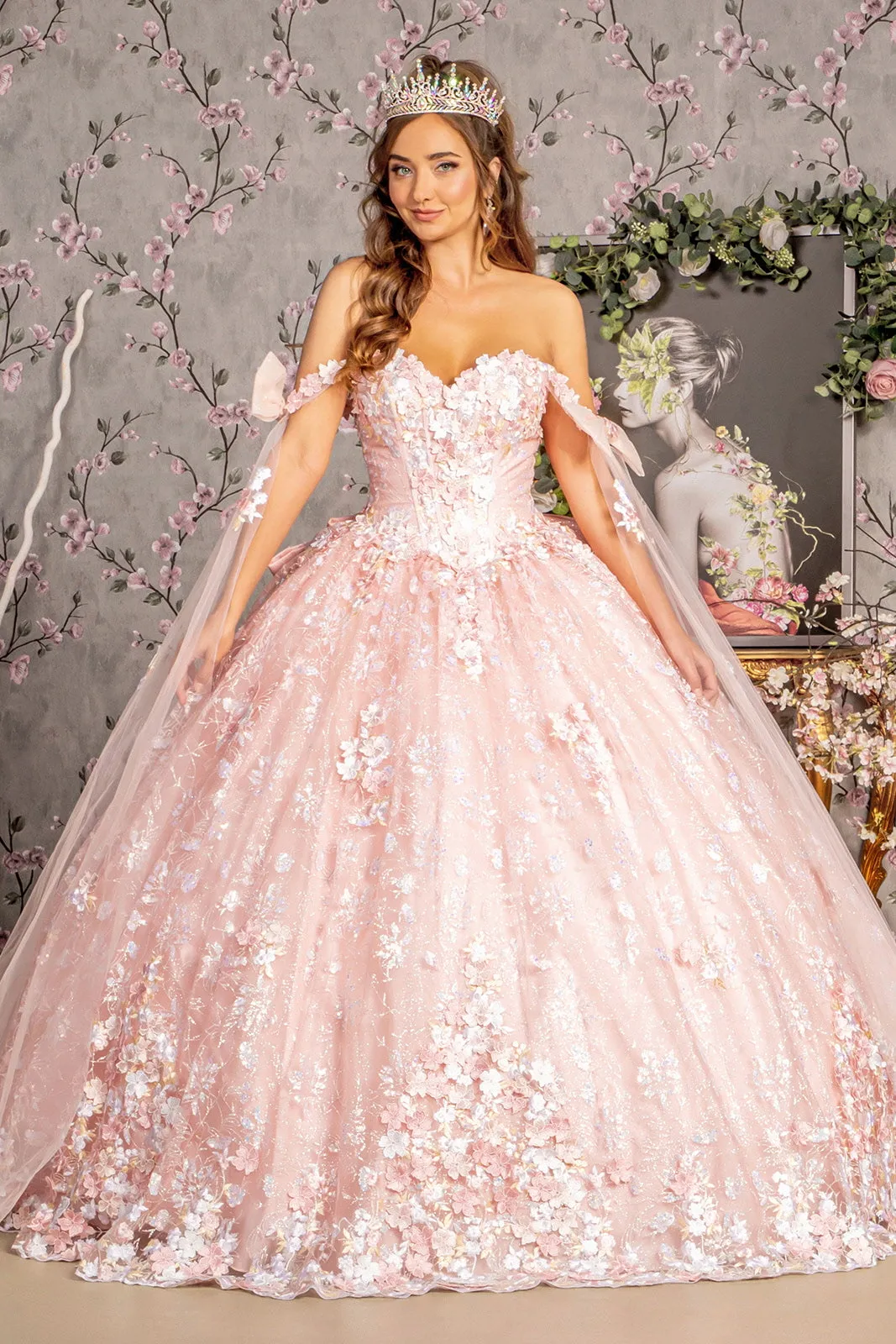 Floral Off Shoulder Cape Sleeve Ball Gown by GLS Gloria GL3465