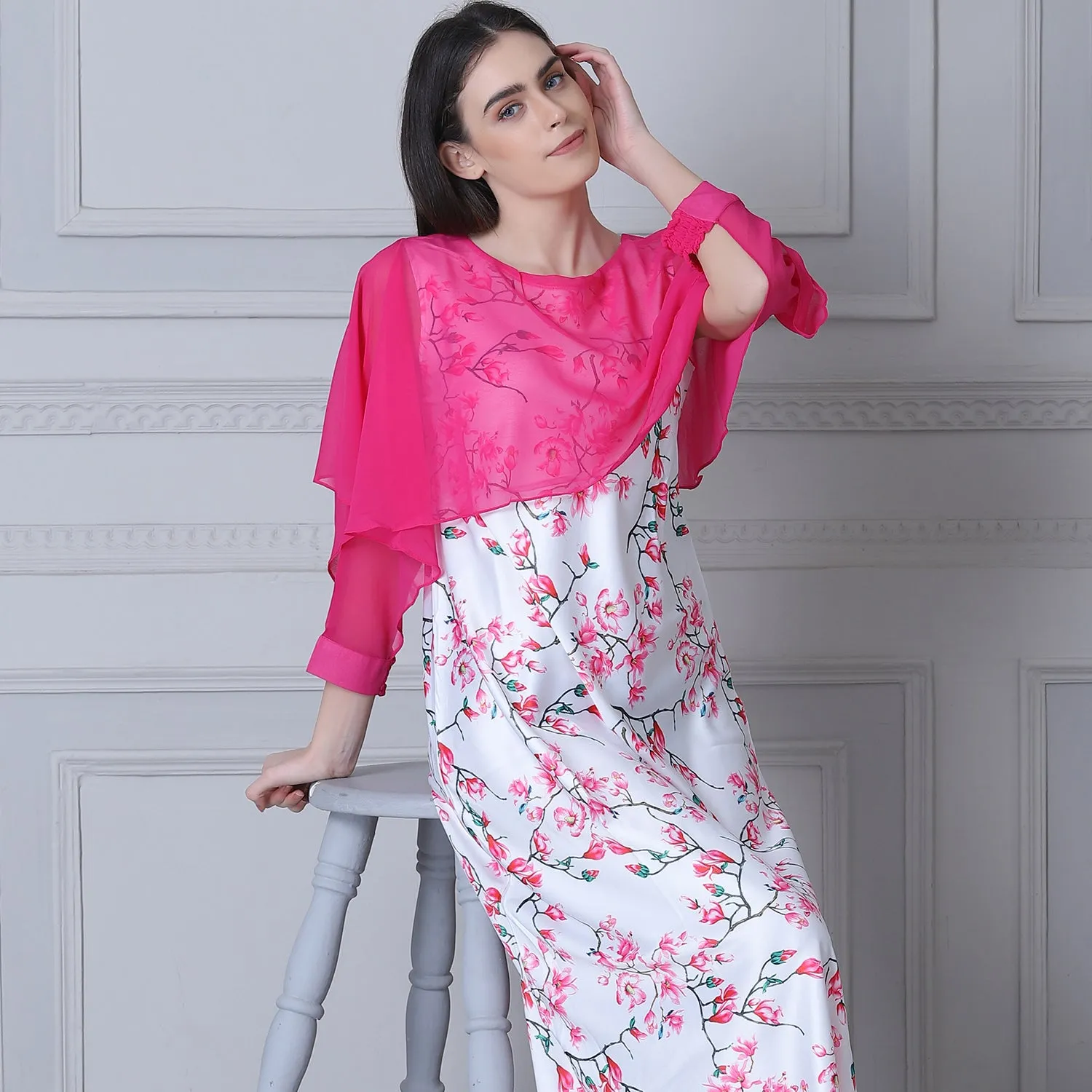 Floral Print Satin Nighty with Chiffon cape White & Pink