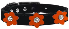 Flower Leather Collar Black With Orange Flowers Size 16