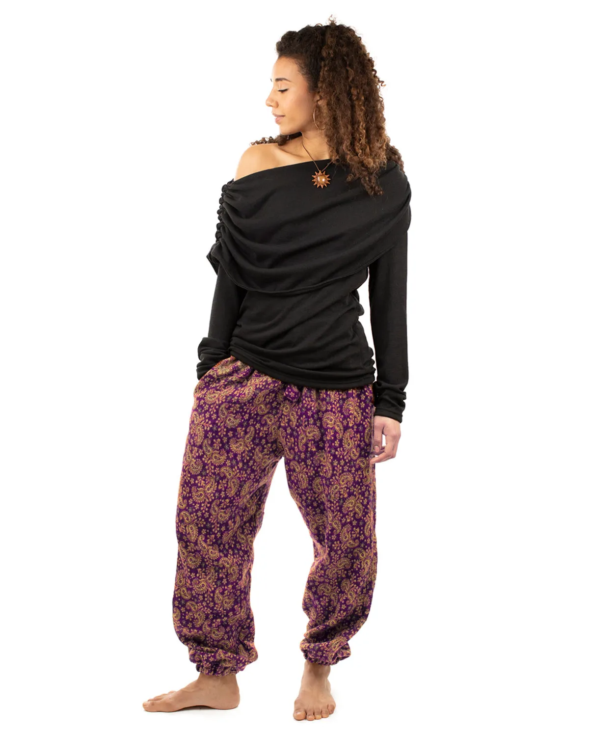 Flowers and Paisley Winter Harem Pants Purple