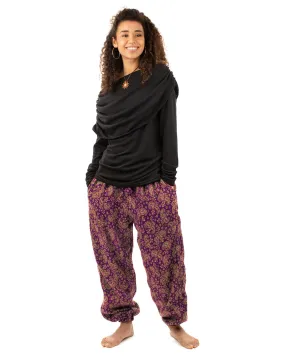 Flowers and Paisley Winter Harem Pants Purple