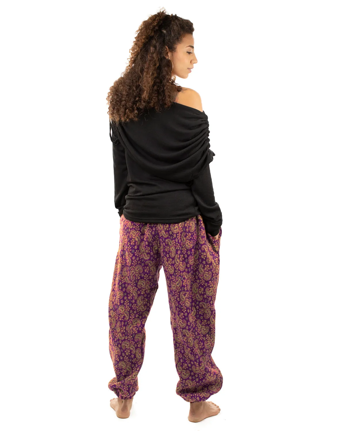 Flowers and Paisley Winter Harem Pants Purple