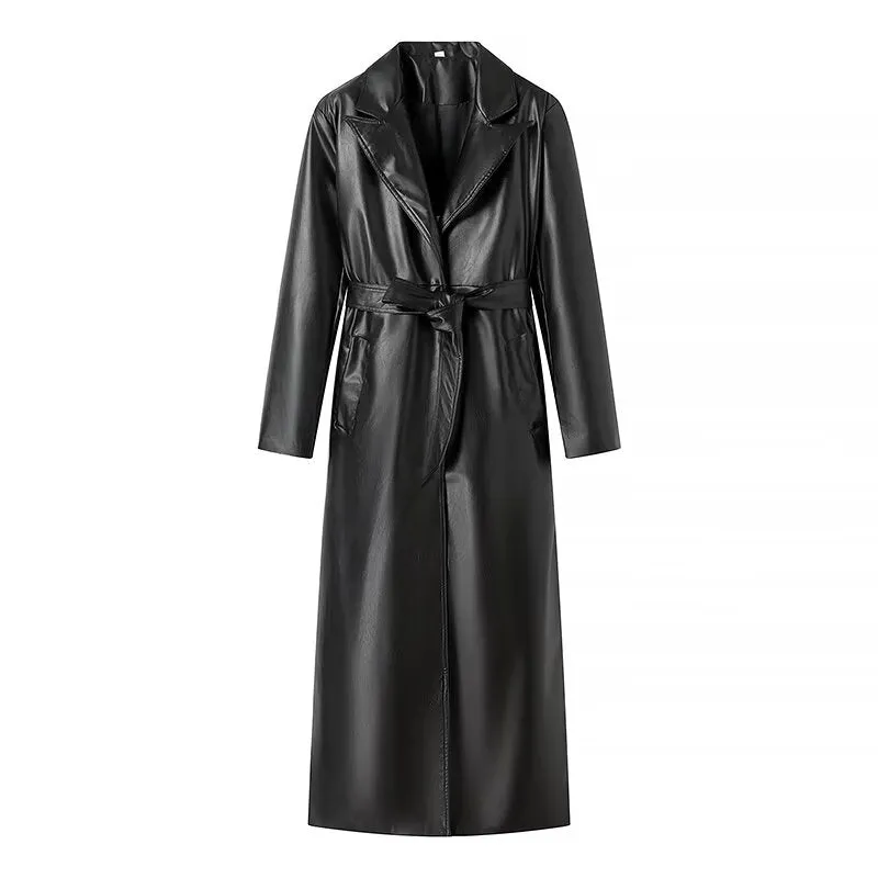 French Faux Leather Black Tie Long Trench Coat