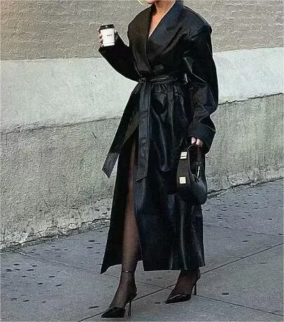 French Faux Leather Black Tie Long Trench Coat