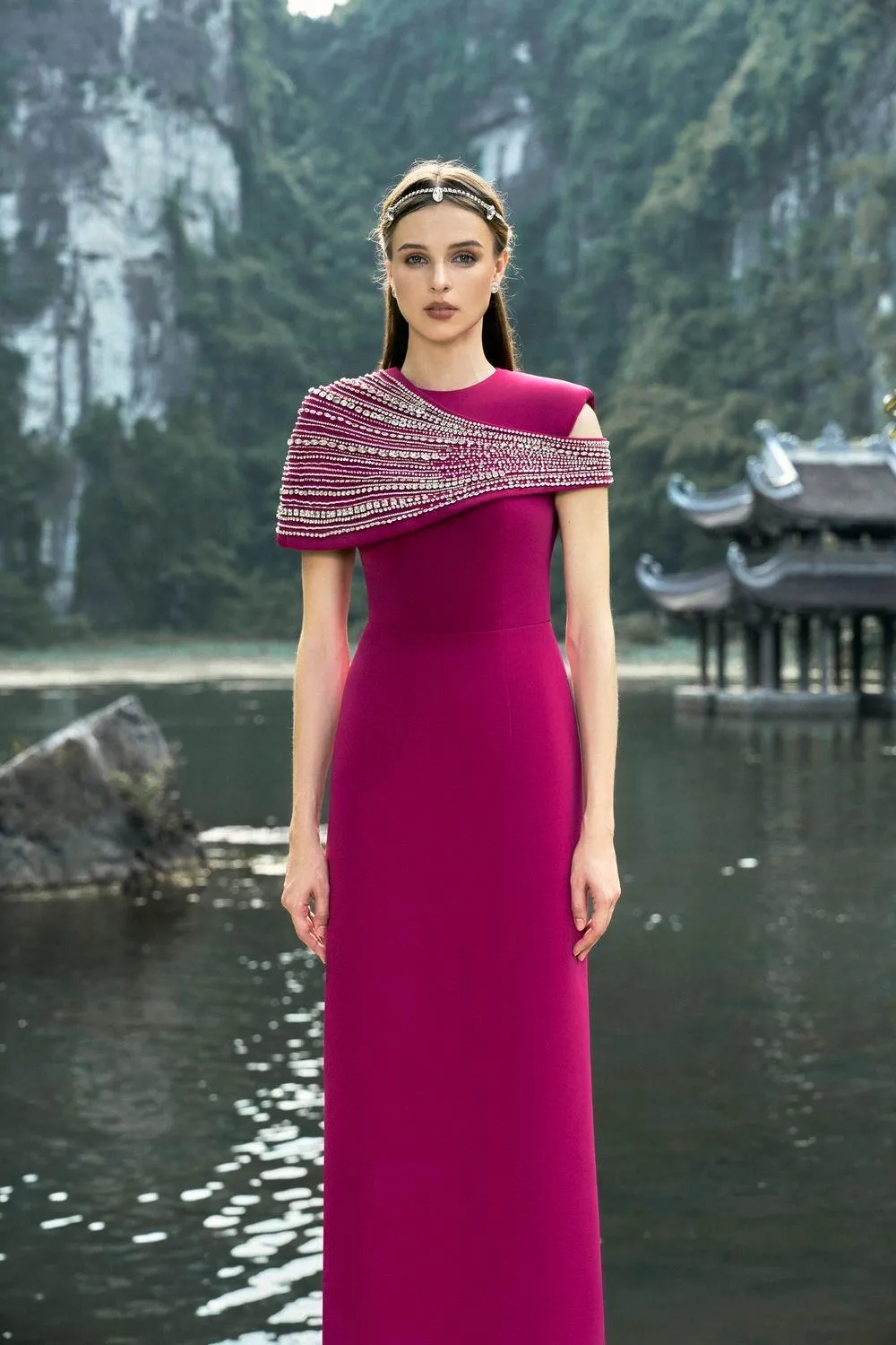 Frontier A-line Asymmetric Velvet Floor Length Set