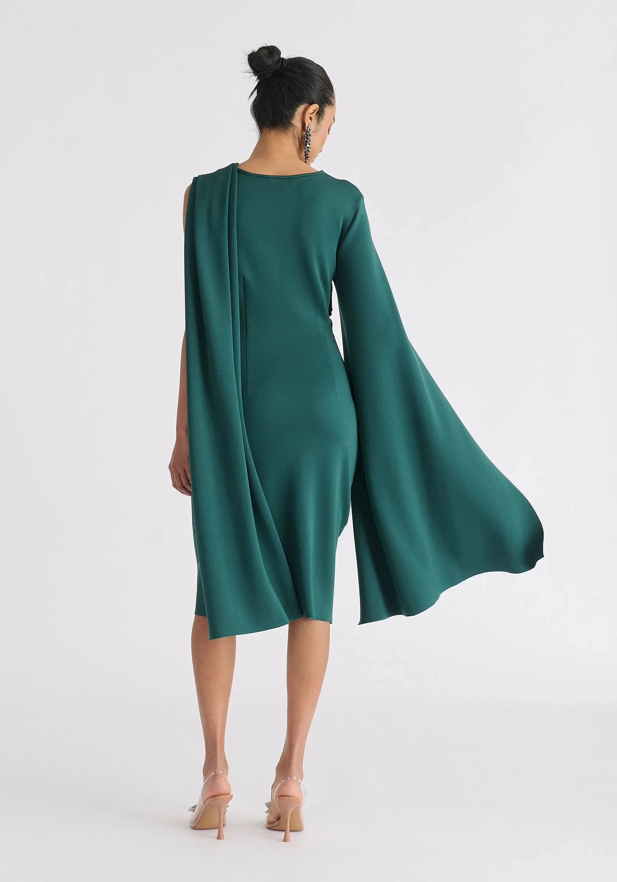 Green Asymmetric Draped Cape Sleeve Dress