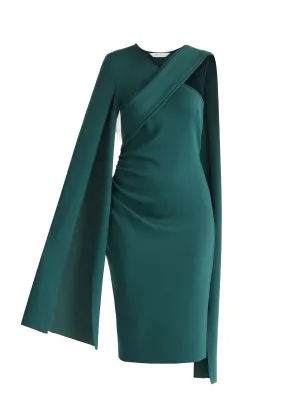 Green Asymmetric Draped Cape Sleeve Dress