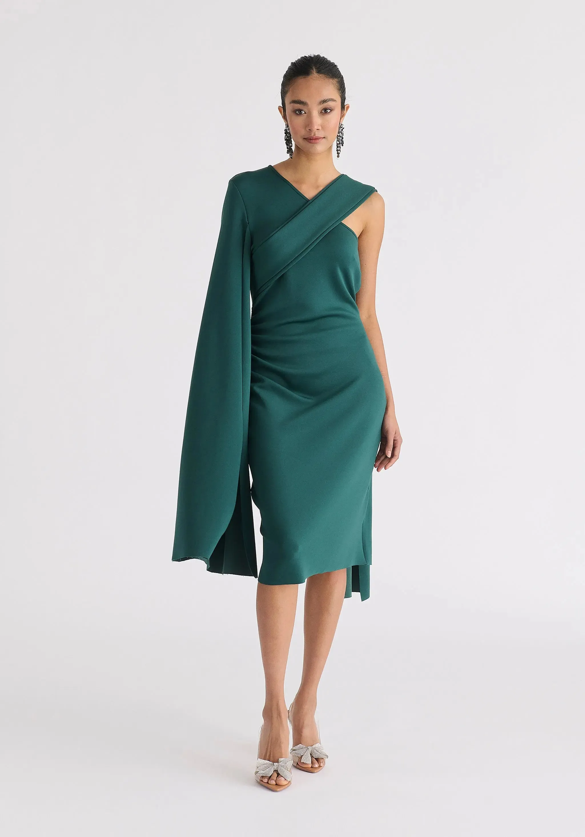 Green Asymmetric Draped Cape Sleeve Dress