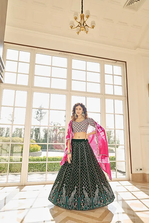 Green Georgette Thread With Sequince Embroidered Lehenga Choli