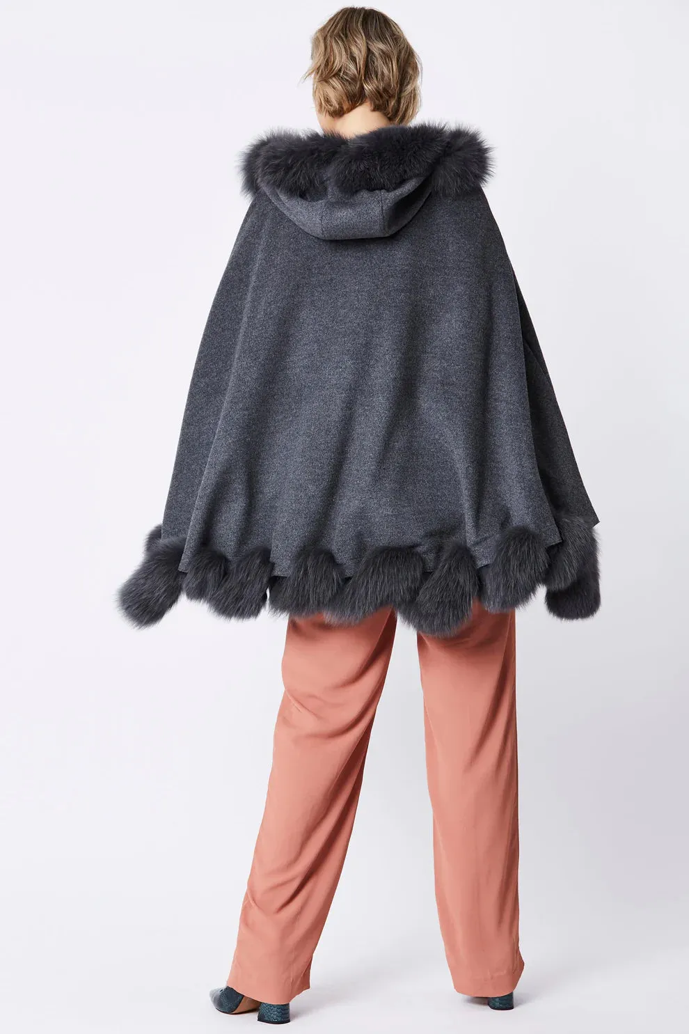 Grey Cashmere Hooded and Fox Fur Cape Coat