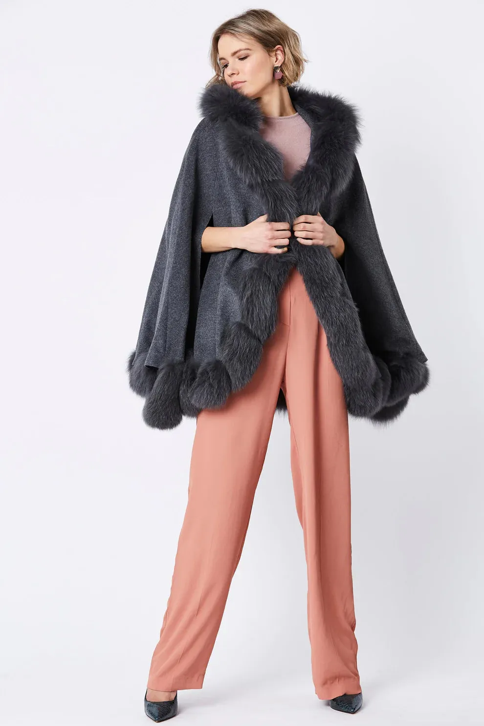 Grey Cashmere Hooded and Fox Fur Cape Coat