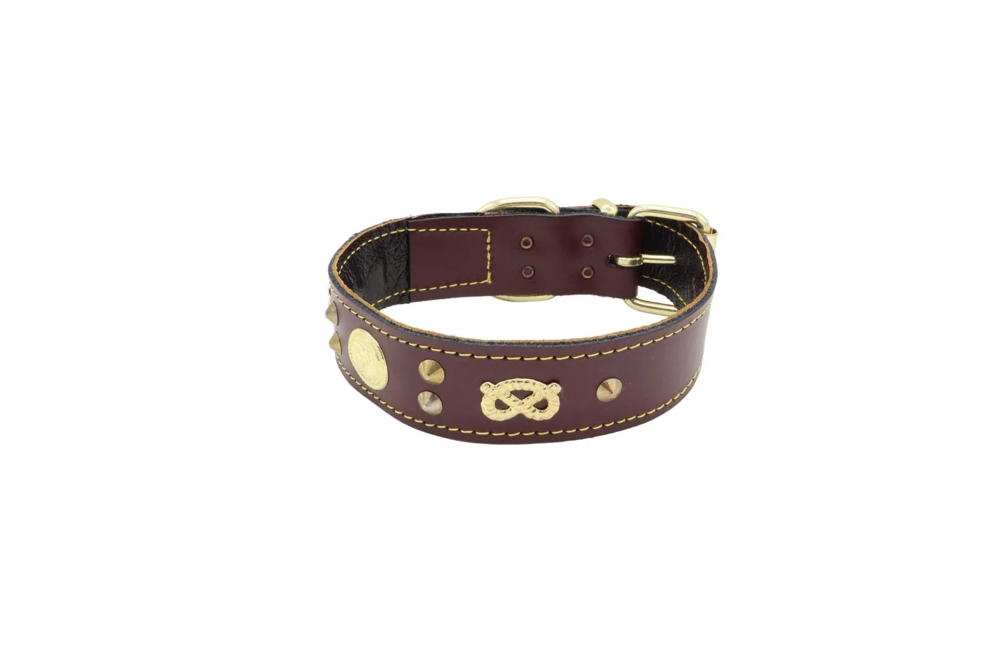 Handmade Leather Staffordshire Bull Terrier Collar with Unique Knot, Studs, and Emblem