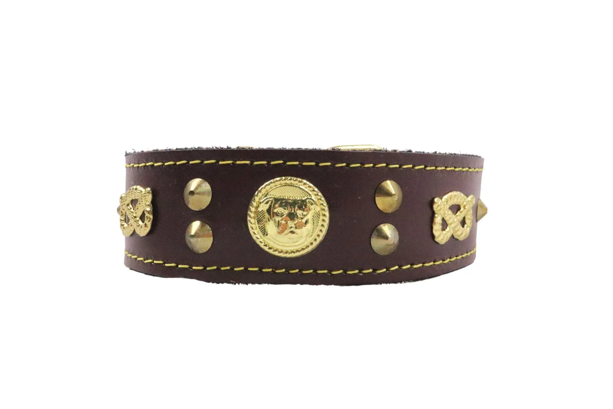 Handmade Leather Staffordshire Bull Terrier Collar with Unique Knot, Studs, and Emblem