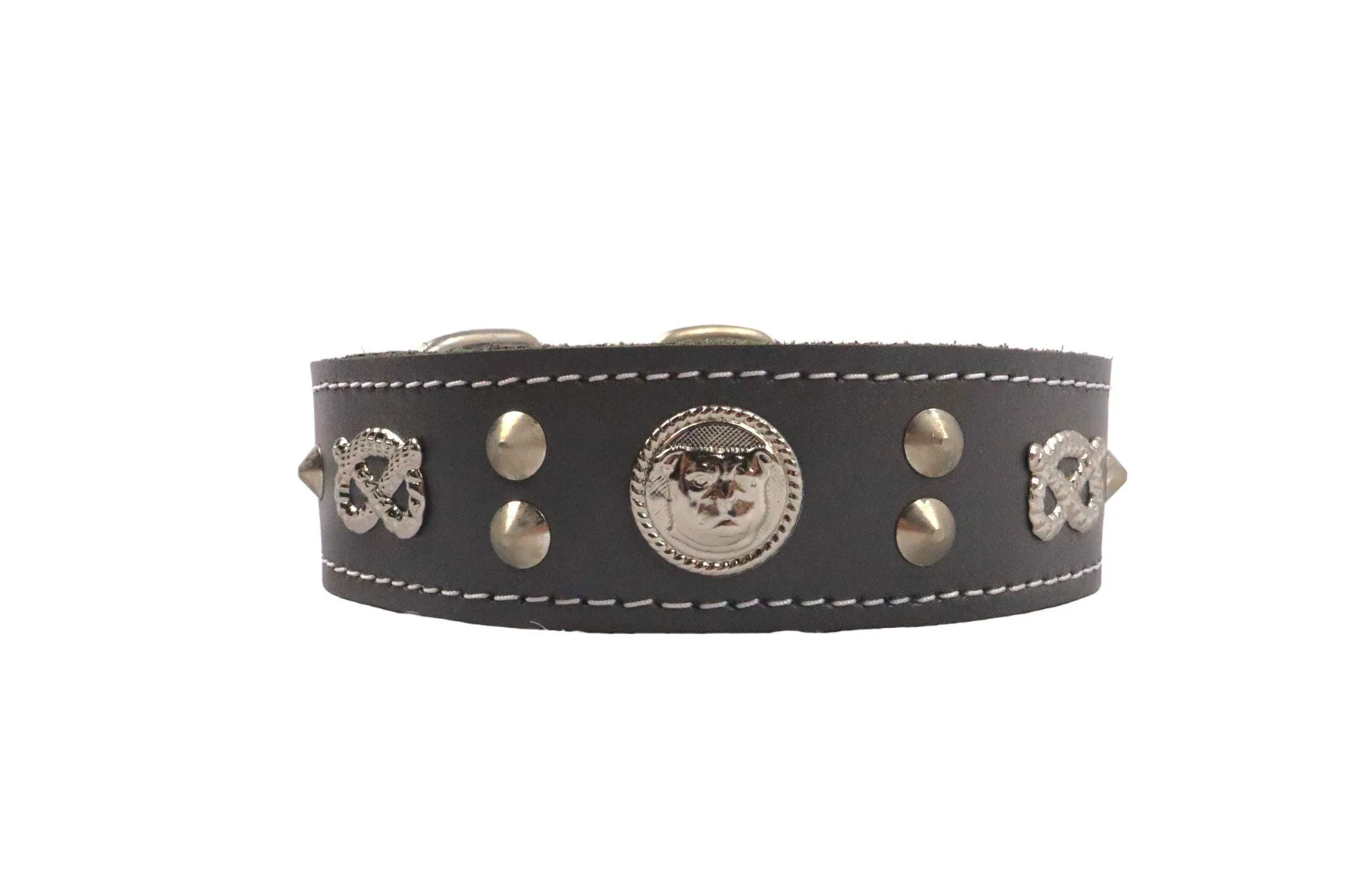 Handmade Leather Staffordshire Bull Terrier Collar with Unique Knot, Studs, and Emblem